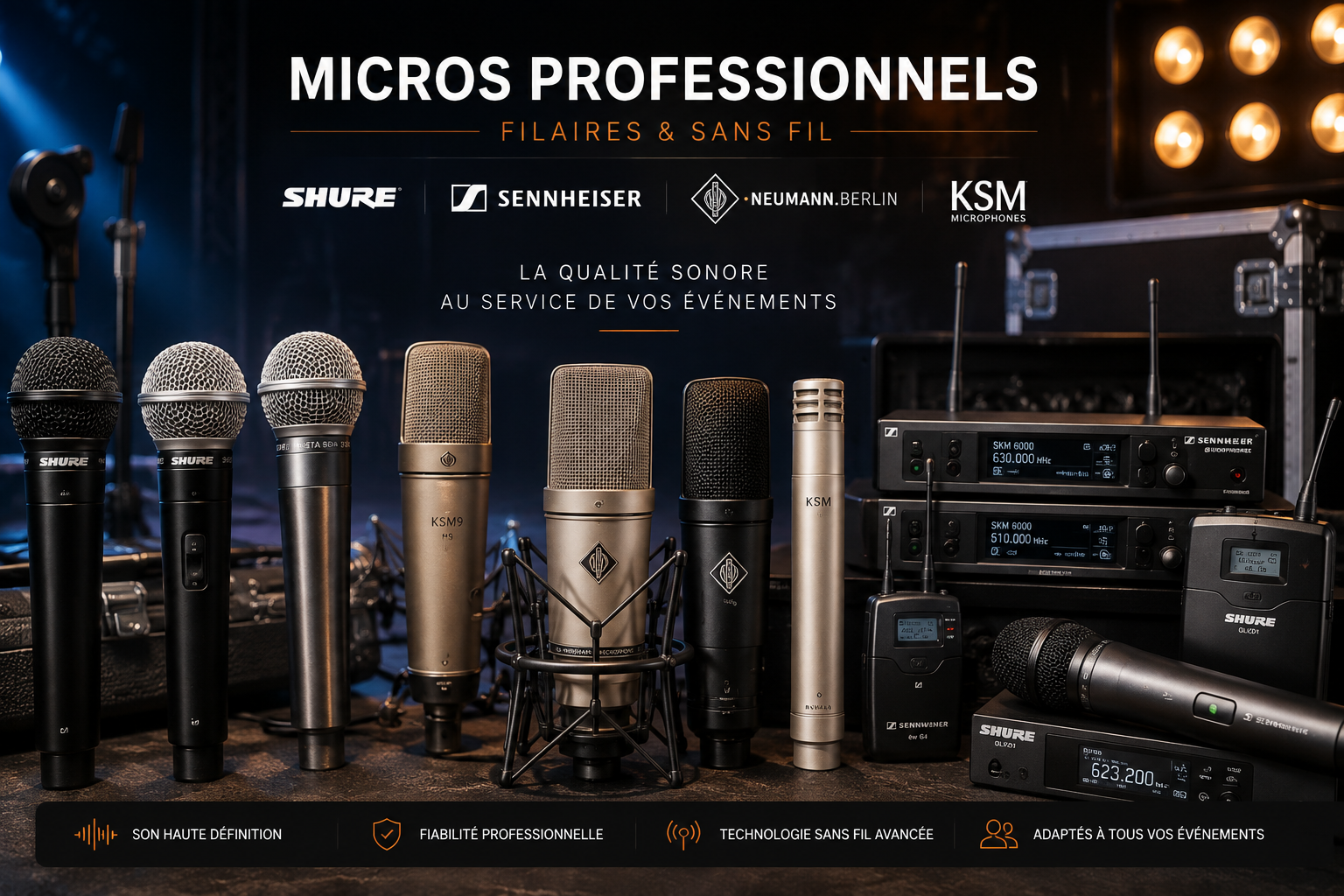 Sélection de micros professionnels filaires et sans fil pour concerts et événements